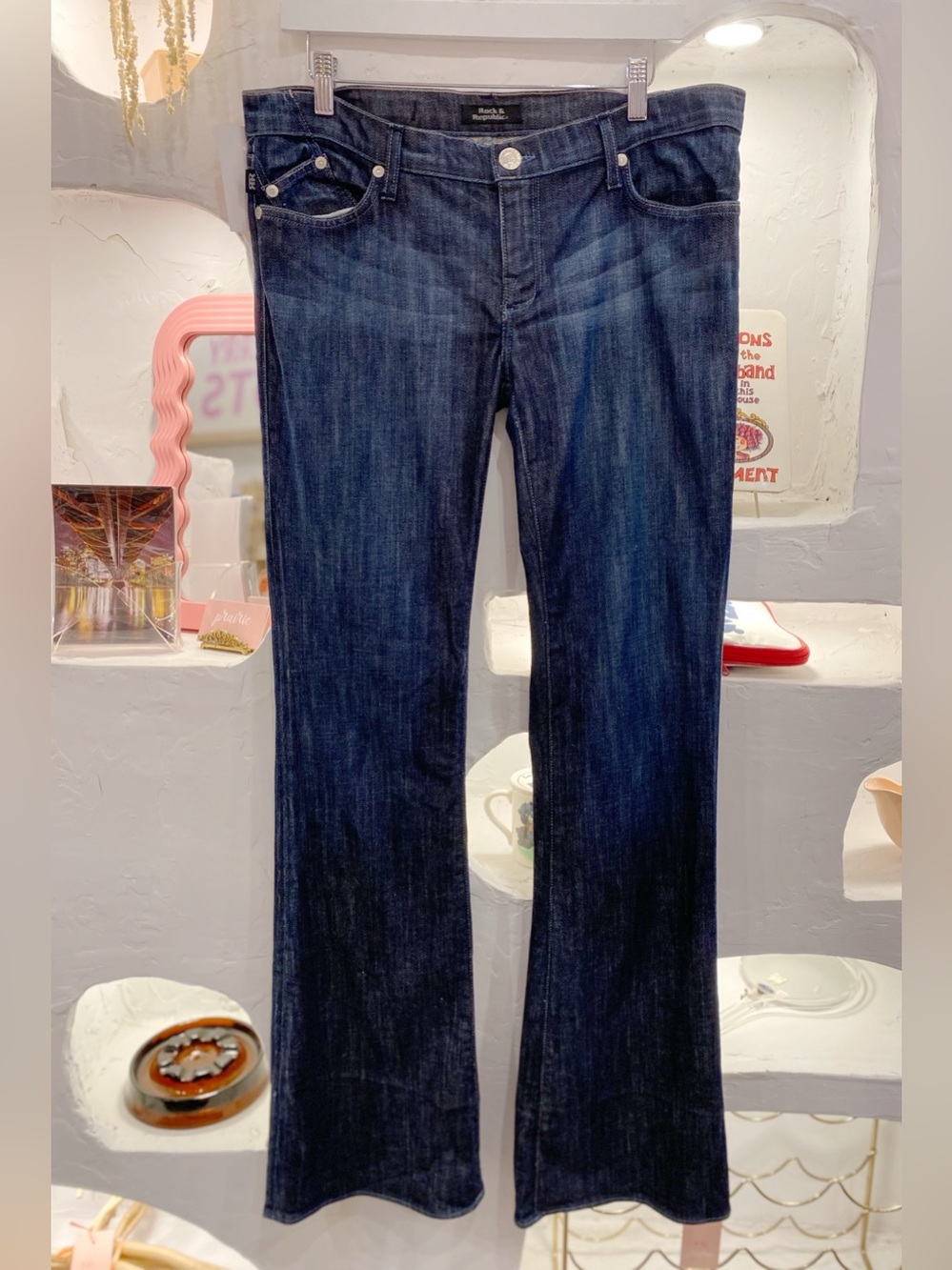 Y2K Rock & Republic Dark Wash Bootcut Low Rise Flared Jeans with Logo Stitching